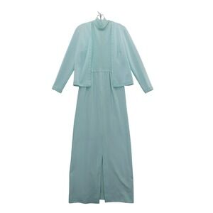 vtg 70s Alison Ayres Dress Jacket Set‎ Sleeveless Maxi Dress Lace Trim XS/S